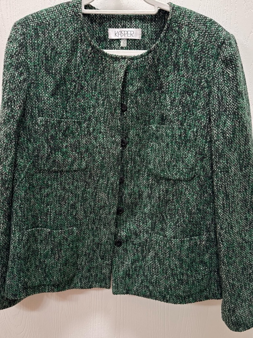 Kasper Emerald Green Tweed Round-Neck Button Jacket
